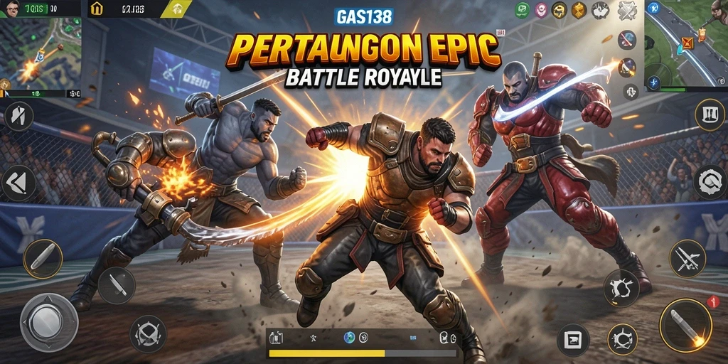 Screenshot gameplay GAS138 menunjukkan pertarungan intens dalam arena Battle Royale.