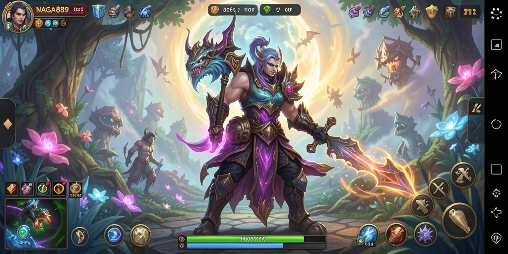 Screenshot gameplay NAGA889 menampilkan pertarungan epik karakter di dunia fantasi.
